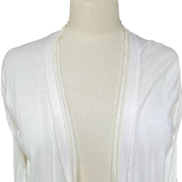 Tommy Bahama Open Front Cardigan Sz M Silk Fringe Trim Coastal Neutral Basic - Picture 2 of 11